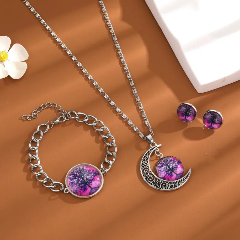 Women Simple Tree Of Life Moon Pendant Necklace Earrings Bracelet Set