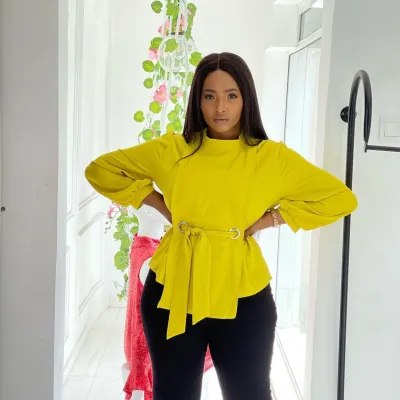 Women Fashion Plus Size Chiffon Breathable Long Sleeved Defined Waist Top