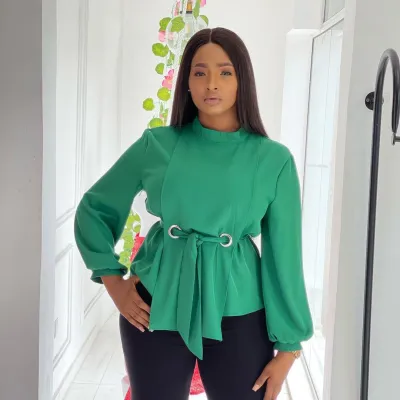 Women Fashion Plus Size Chiffon Breathable Long Sleeved Defined Waist Top