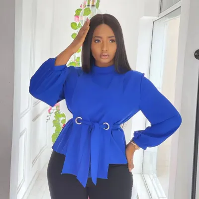 Women Fashion Plus Size Chiffon Breathable Long Sleeved Defined Waist Top