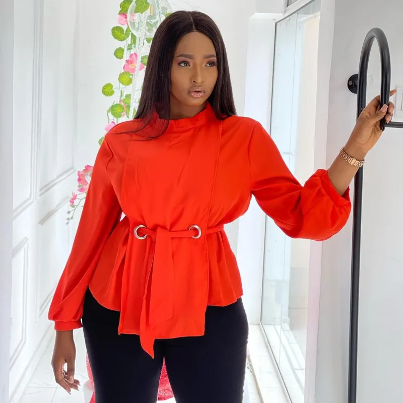 Women Fashion Plus Size Chiffon Breathable Long Sleeved Defined Waist Top
