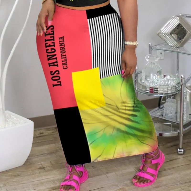Women Plus Size Multicolor Letter Stripe Print Skirt Suit with Tank Top