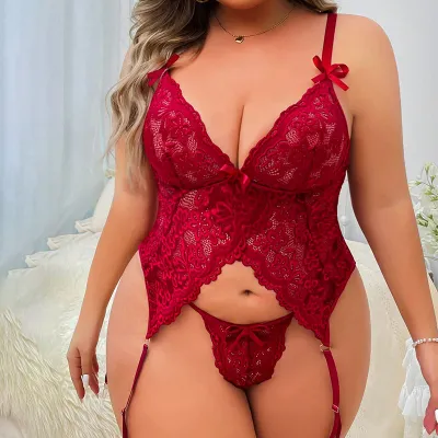 Women Plus Size Sexy Lace Deep V Sling Three-Point Underwear Set