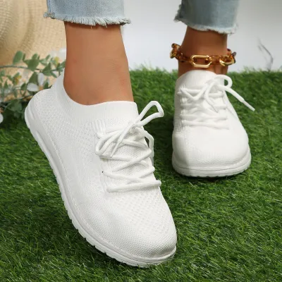Women Fashion Casual Plus Size Fly-Woven Breathable Lace-Up Sneakers