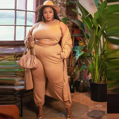 Women Plus Size Solid Color Long Sleeve Tank Top Loose Wide Leg Pants Three-Piece Set