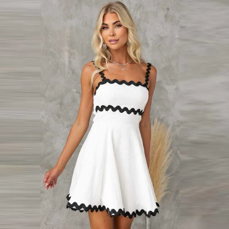 Women Casual Summer Vacation Wave Color Blocking Sling Style Sun Dress