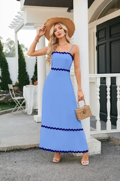 Women Casual Summer Vacation Wave Color Blocking Maxi Sun Dress