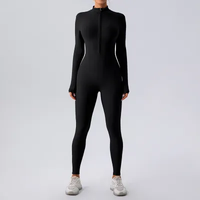 Women's Yoga Jumpsuit Solid Color Zipper Stand Collar Long Sleeve Leg-Bundled Pants
