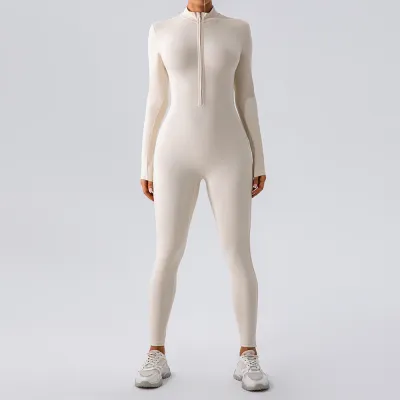 Women's Yoga Jumpsuit Solid Color Zipper Stand Collar Long Sleeve Leg-Bundled Pants