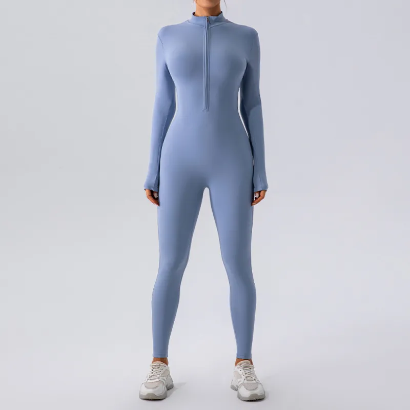 Women's Yoga Jumpsuit Solid Color Zipper Stand Collar Long Sleeve Leg-Bundled Pants