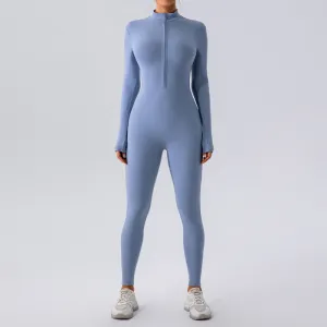 Women's Yoga Jumpsuit Solid Color Zipper Stand Collar Long Sleeve Leg-Bundled Pants