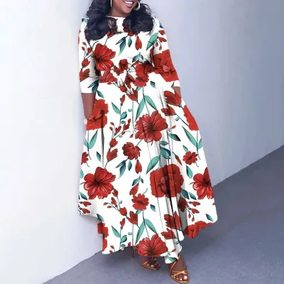 Women Plus Size Long Sleeve Strap Dress Elegant Wind Midi Dress