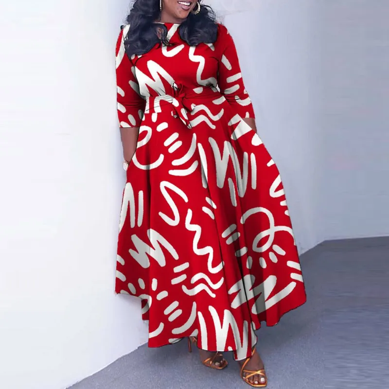 Women Plus Size Long Sleeve Strap Dress Elegant Wind Midi Dress