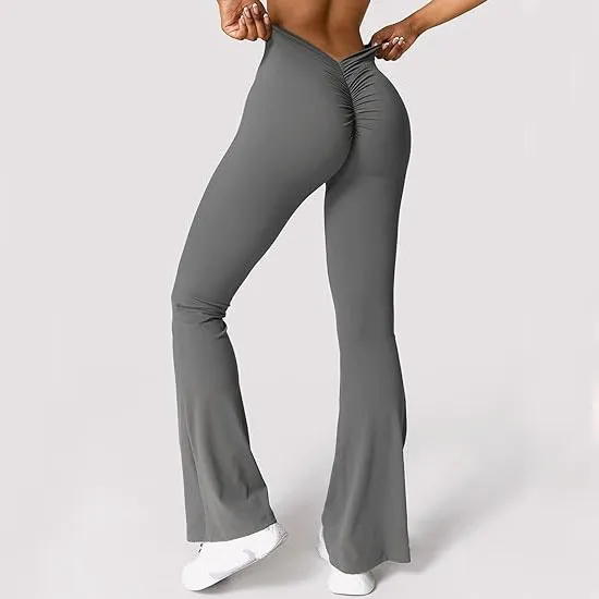 Women High Waist Flared Yoga Leggings Solid Color Sports Pants