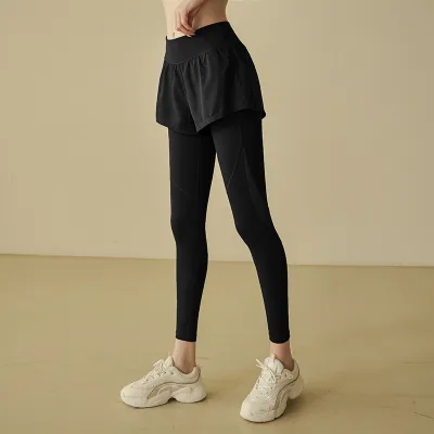Women's High Waist Mesh Stitching Breathable Fake Two-Piece Yoga Sports Leggings