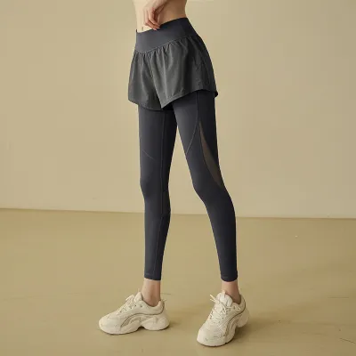 Women's High Waist Mesh Stitching Breathable Fake Two-Piece Yoga Sports Leggings