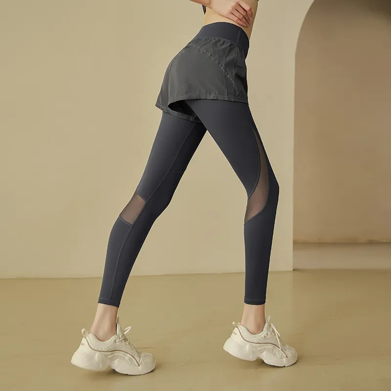 Women's High Waist Mesh Stitching Breathable Fake Two-Piece Yoga Sports Leggings