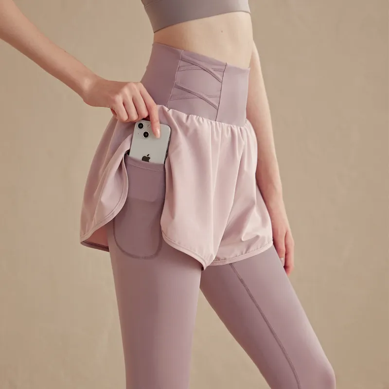 Women's High Waist Fake Two-Piece Yoga Leggings - Solid Color Polyester Sportswear