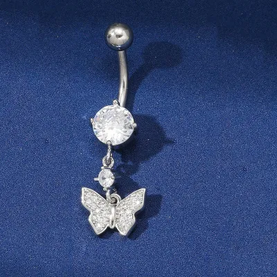 Women Fashion Butterfly Rhinestone Stainless Steel Navel Nail Body Piercing Jewelry