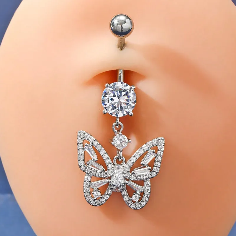 Women Fashion Butterfly Rhinestone Stainless Steel Navel Nail Body Piercing Jewelry