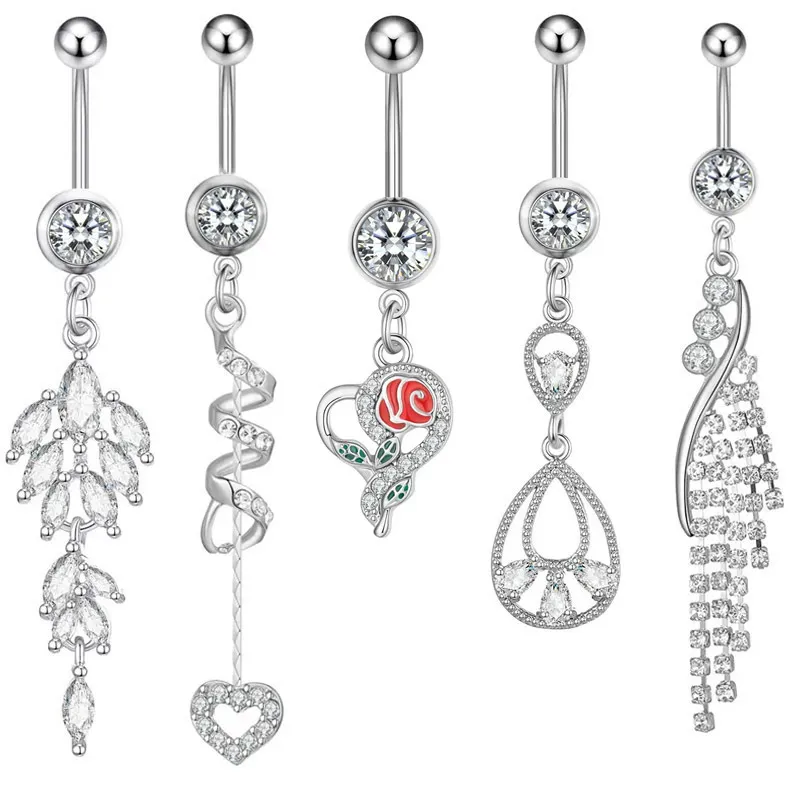 Women Simple Tassel Heart-Shaped Stainless Steel Navel Ring Body Piercing Jewelry