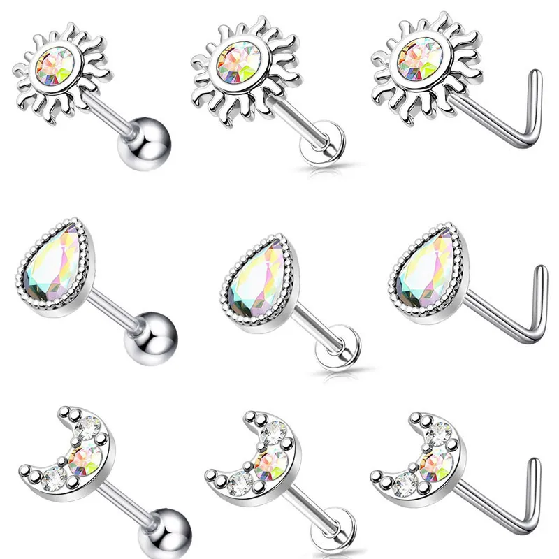 Women Fashion Stainless Steel Sun Moon Lip Nail Nose Body Piercing Jewelry