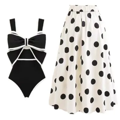 Bowknot One-Piece Swimsuit Women Beach Polka Dot Skirt Set