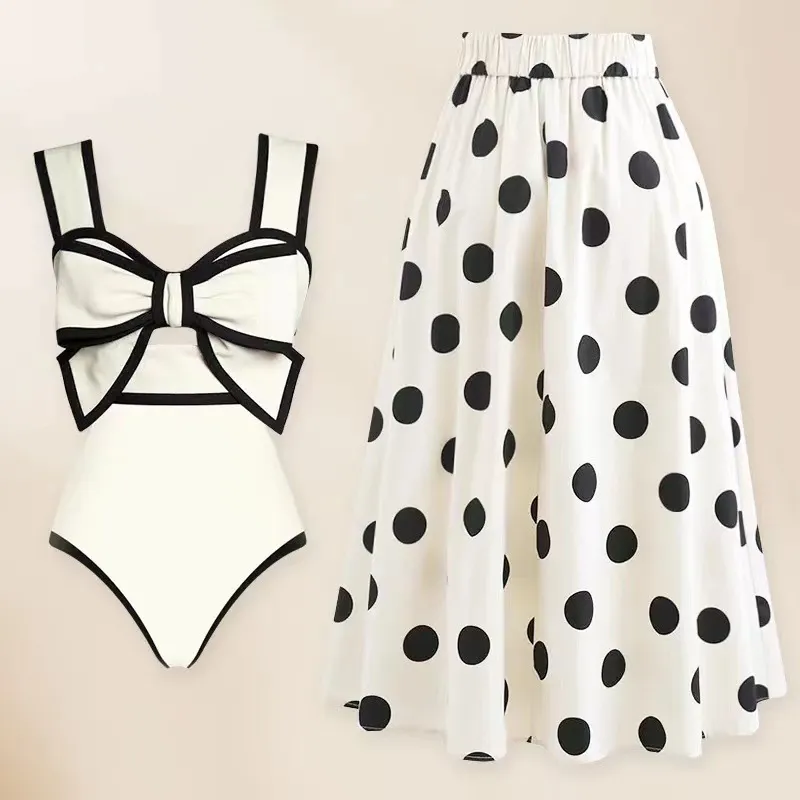 Bowknot One-Piece Swimsuit Women Beach Polka Dot Skirt Set