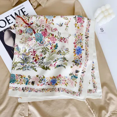 Women Fashion Butterfly Floral Print Square Polyester Scarf 68x68cm