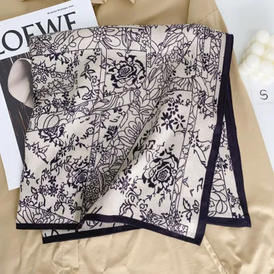 Women Fashion Butterfly Floral Print Square Polyester Scarf 68x68cm