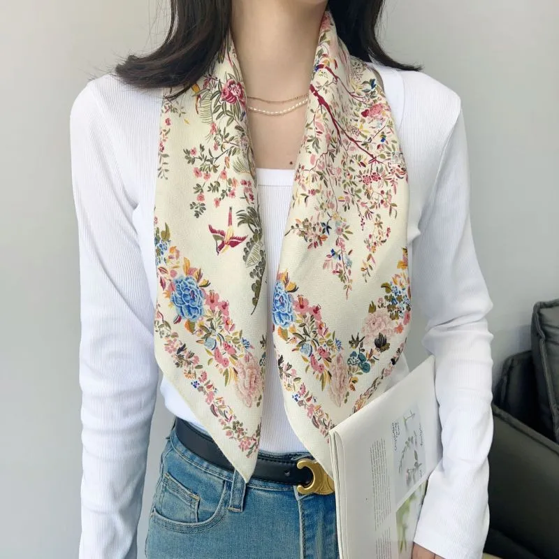 Women Fashion Butterfly Floral Print Square Polyester Scarf 68x68cm