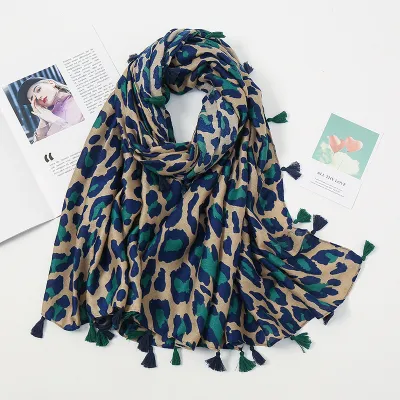 Women Fashion Classic Leopard Print Tassel Cotton Linen Scarf