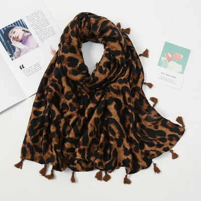Women Fashion Classic Leopard Print Tassel Cotton Linen Scarf