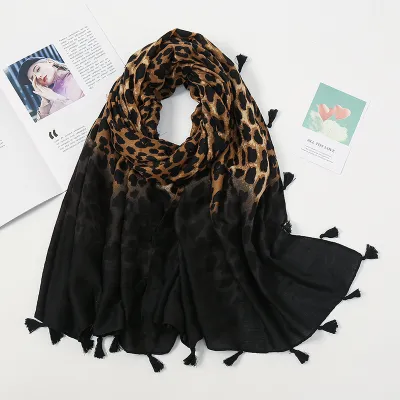 Women Fashion Classic Leopard Print Tassel Cotton Linen Scarf