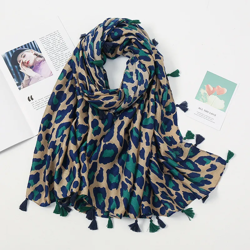 Women Fashion Classic Leopard Print Tassel Cotton Linen Scarf