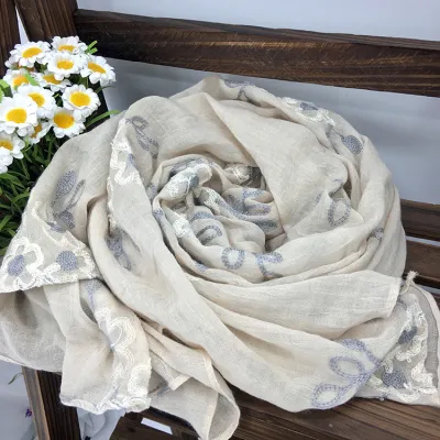 Women Ethnic Style Linen Embroidered Floral Shawl Scarf