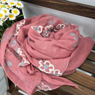 Women Ethnic Style Linen Embroidered Floral Shawl Scarf