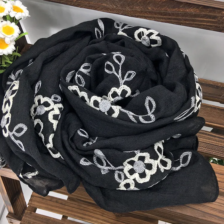 Women Ethnic Style Linen Embroidered Floral Shawl Scarf