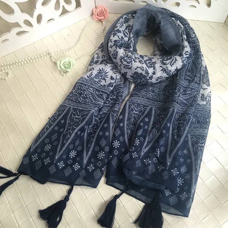 Women's Ethnic Blue And White Porcelain Printed Tassel Cotton Linen Shawl Scarf