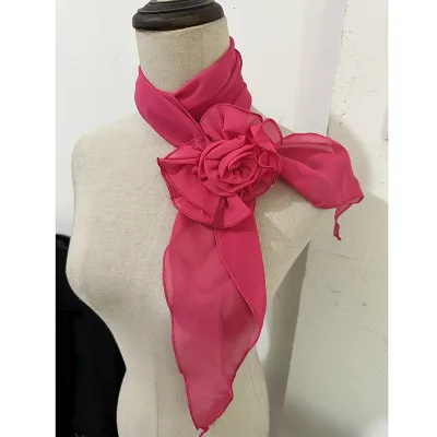 Fashion Elegant Women Solid Color Chiffon Long Scarf With Flower Clip
