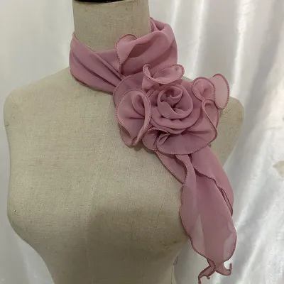 Fashion Elegant Women Solid Color Chiffon Long Scarf With Flower Clip