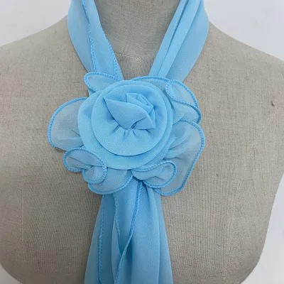 Fashion Elegant Women Solid Color Chiffon Long Scarf With Flower Clip