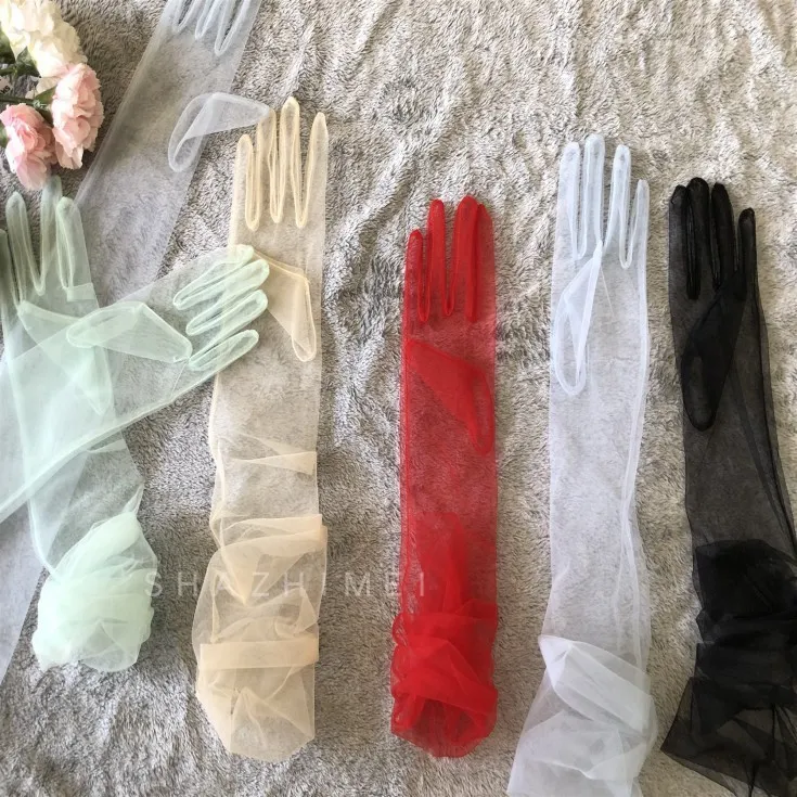 Women Summer Wedding Simple Solid Color The Swiss Net Mesh Long Gloves