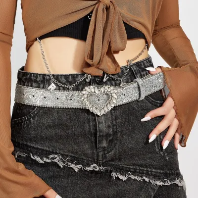 Fashion Vintage Women Y2k Rhinestone Heart Buckle Belt