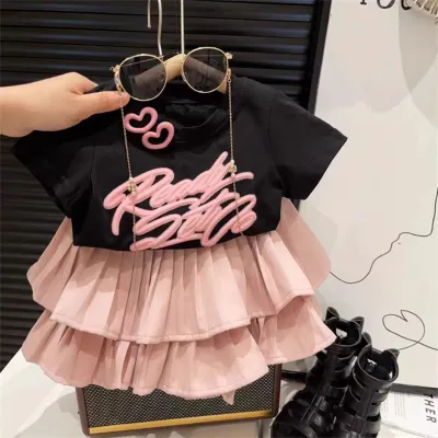 Kids Toddler Girls Casual Cute Letter Short Sleeve Round Neck T-Shirt Short Skirt Set