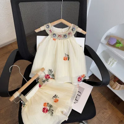 Toddler Girls Casual Cute Embroidery Flower Sleeveless Halter Neck Top Shorts Set Two Piece
