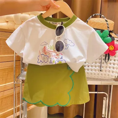 Kids Toddler Girls Cute Cartoon Print Short Sleeve Round Neck T-Shirt and Shorts Set