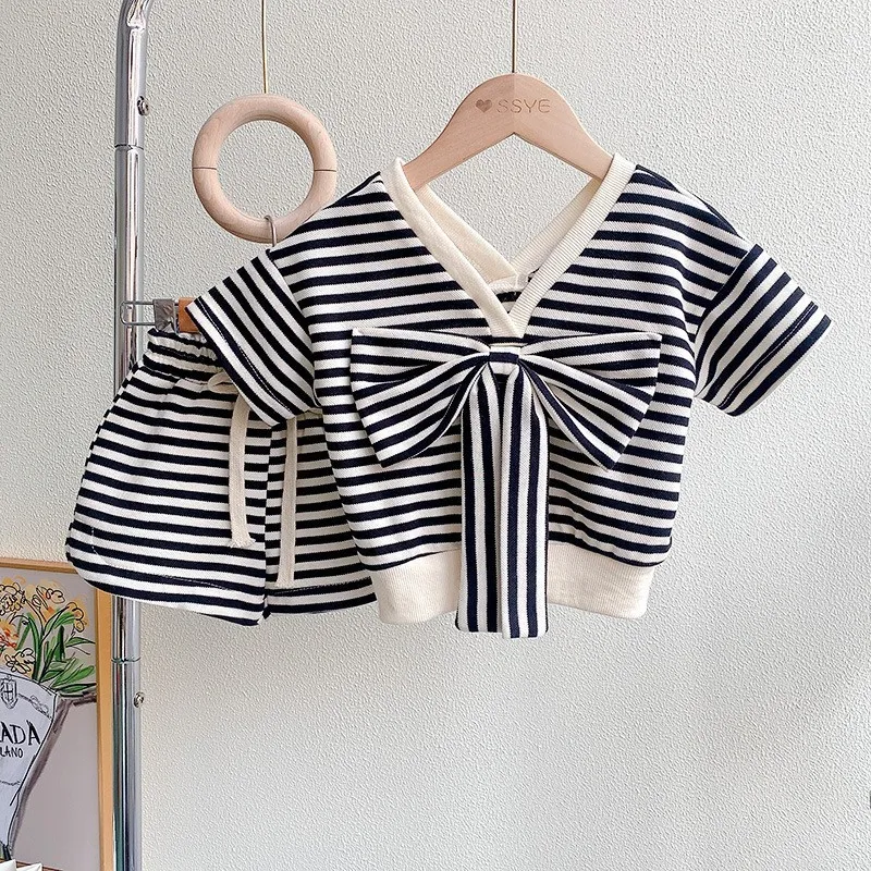 Kids Toddler Girls Casual Cute Bow Stripe Short Sleeve V Neck T-Shirt Shorts Set