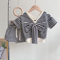 Kids Toddler Girls Summer Fashion Casual Cotton Letter Color Matching Round Neck T-Shirt Stripe Flare Trousers Set