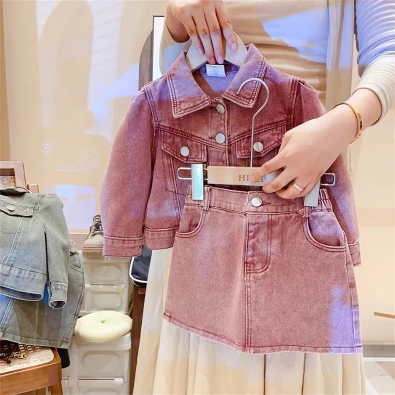 Kids Toddler Girls Multicolor Long Sleeve Lapel Denim Jacket Skirt Set